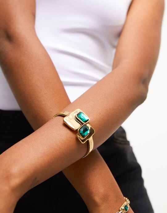Bangle bracelet with green crystals, Golden, large